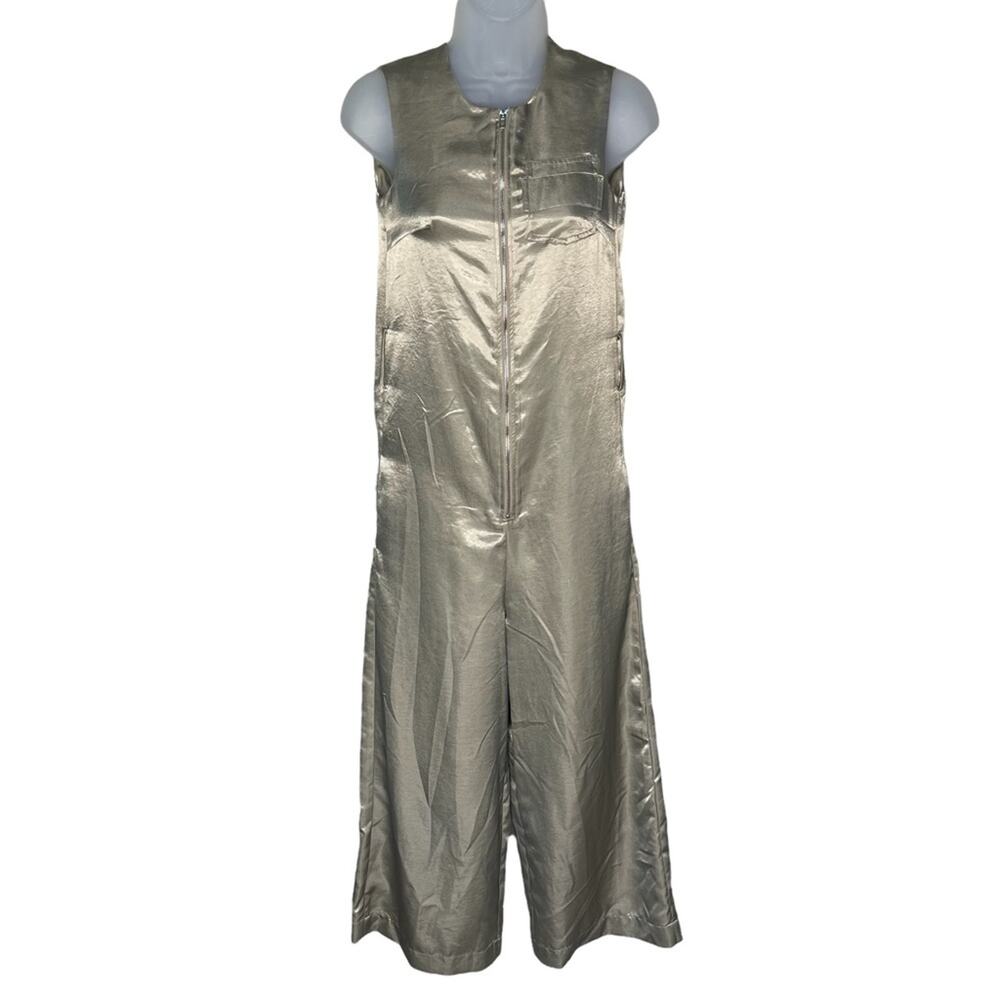 CAARA Gold Shiny Metallic Sleeveless Cropped Zip Up Jumpsuit Women’s